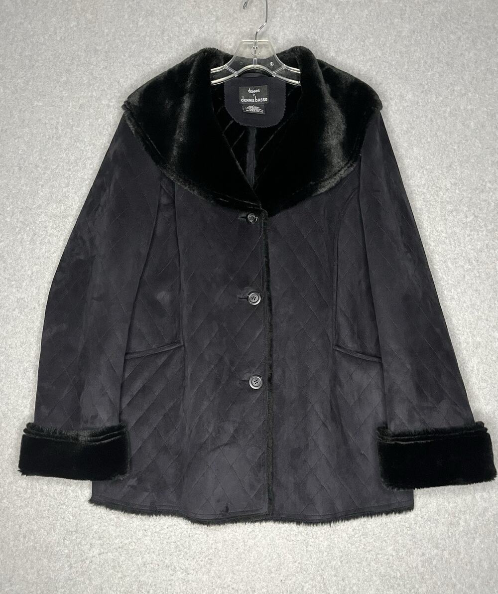 Dennis Basso Black Faux Suede Shearling Coat L Faux Fur Shawl Collar
